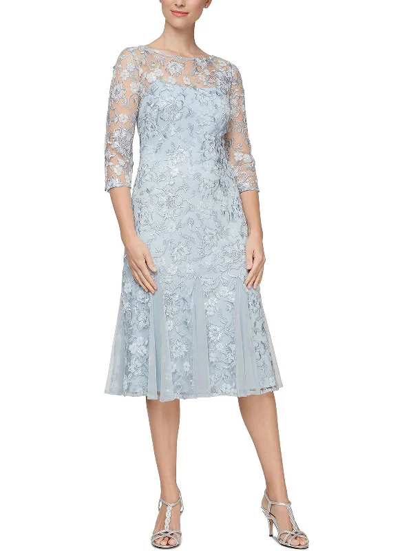 ladies-midi-dress-flared-skirt-Petites Womens Lace Sequined Midi Dress