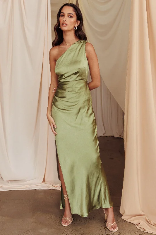 ladies-maxi-dress-work-to-play-Kamillia One-Shoulder Split Maxi Dress Olive