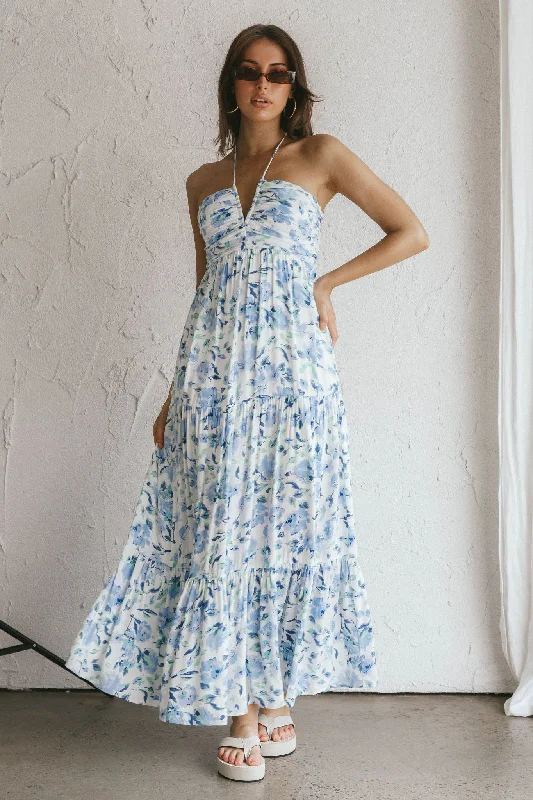 ladies-maxi-dress-delicate-touch-Asiah Halterneck Maxi Dress Floral Blue