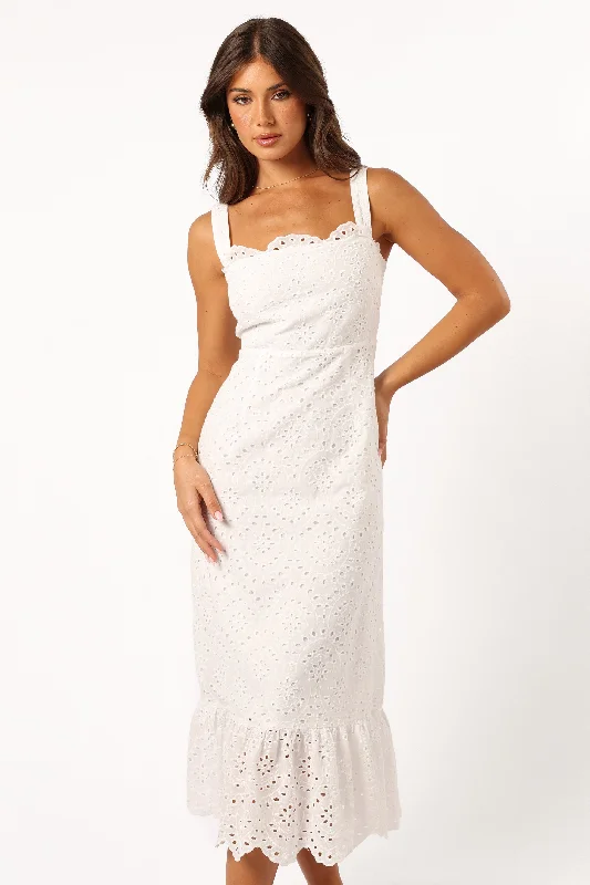 ladies-midi-dress-low-cut-Meadow Lace Midi Dress - Ivory