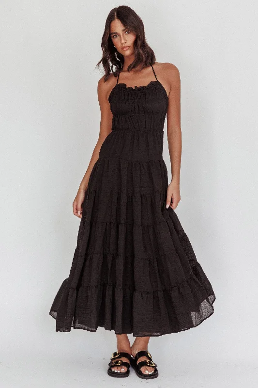 ladies-maxi-dress-flared-skirt-On A High Open Back Maxi Dress Black