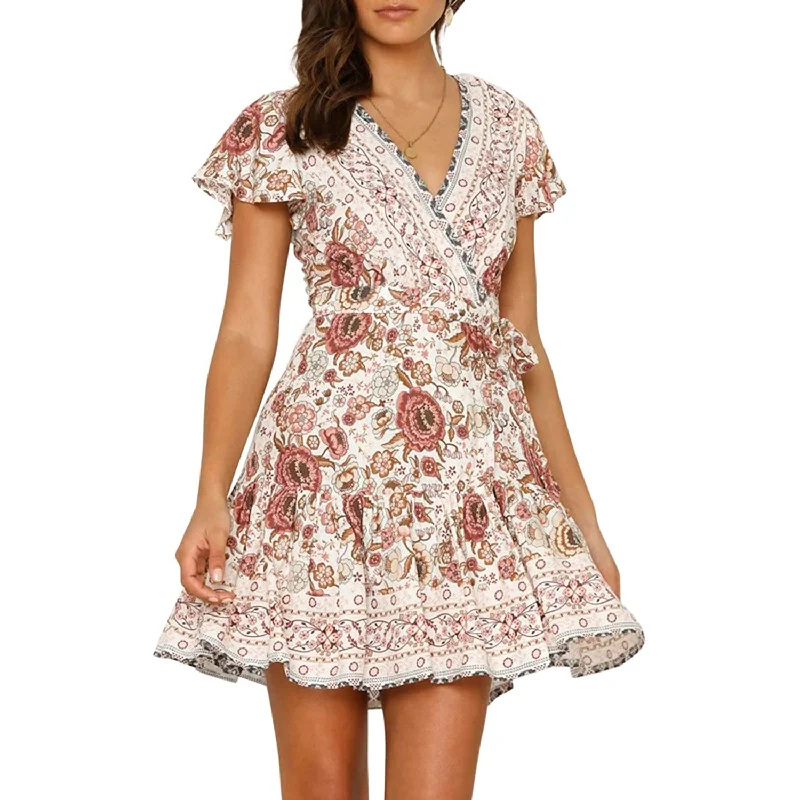 ladies-mini-dress-metallic-shine-Women's Summer Wrap V Neck Bohemian Floral Print Mini Dress