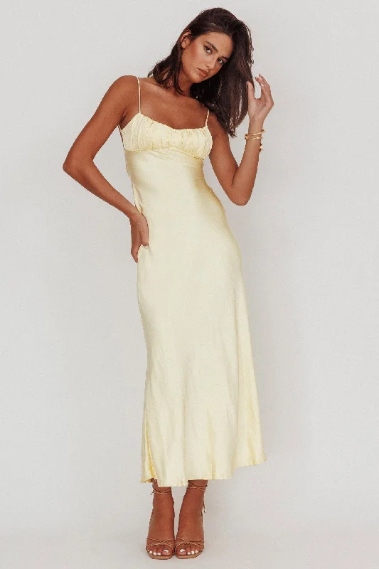 ladies-maxi-dress-smocked-waist-Nerida Twist Back Satin Maxi Dress Lemon