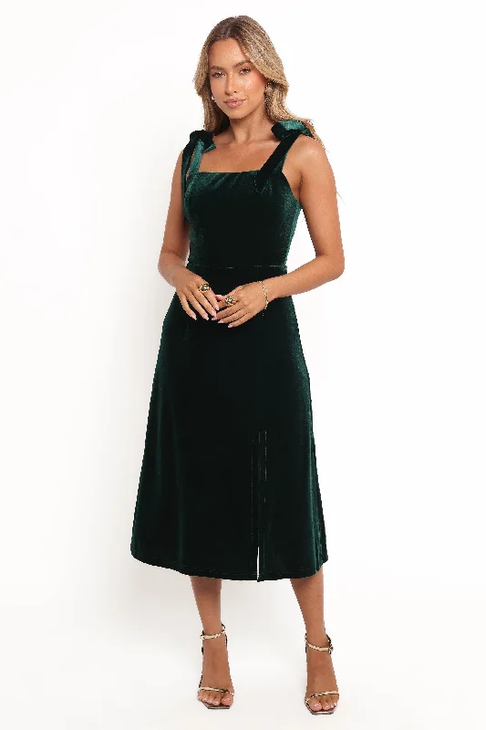 ladies-midi-dress-fringe-trim-Laurel Velvet Midi Dress - Emerald Green