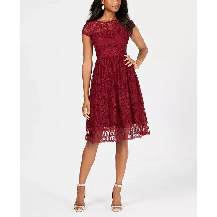 ladies-trumpet-dress-dark-tone-Kensie Women's Lace Midi Fit & Flare Dress Red Size 10