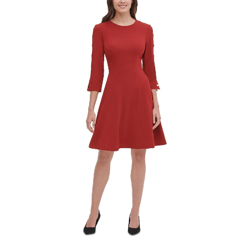 ladies-trumpet-dress-prom-night-Tommy Hilfiger Women's Petite Button-Sleeve Fit & Flare Dress Red Size 12