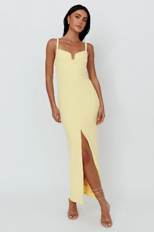 ladies-maxi-dress-chartreuse-Love To Love Front Split Maxi Dress Lemon