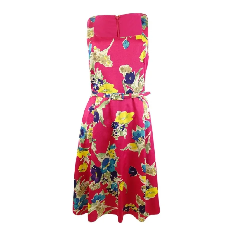 ladies-floral-dress-lily-accents-Lauren Ralph Lauren Women's Floral Belted Cocktail Dress (18, Pink Multi)