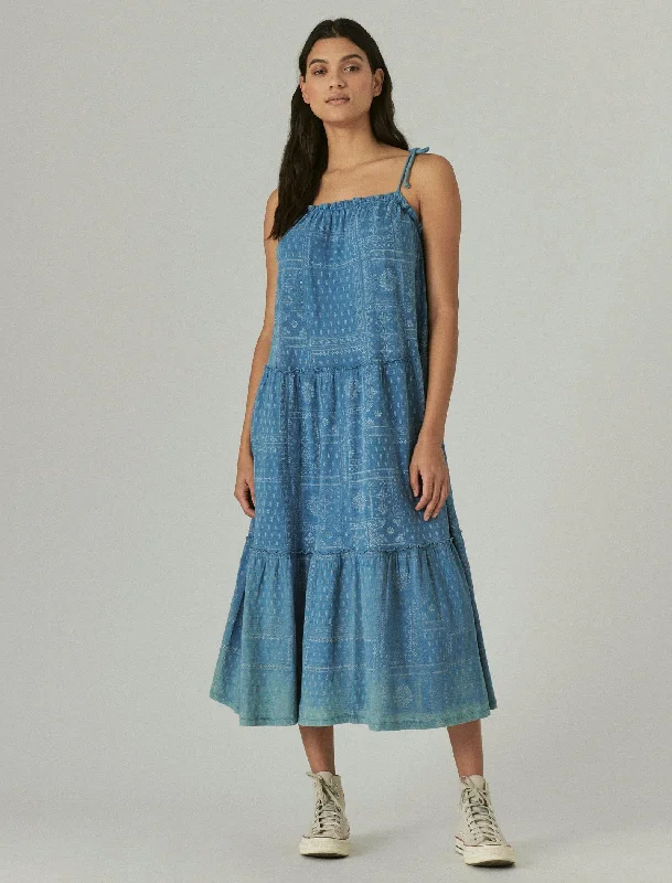 ladies-maxi-dress-satin-finish-Lucky Brand Womens Tiered Cami Maxi Dress