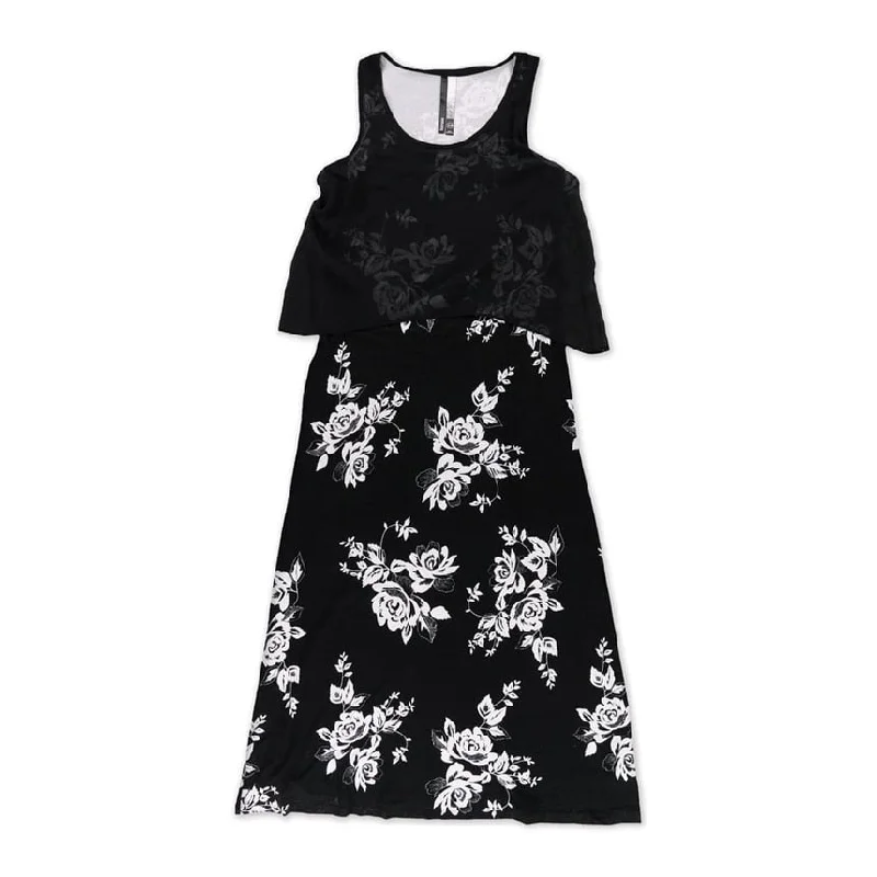 ladies-floral-dress-vermilion-blooms-Kensie Womens Floral Popover Sheath Dress, Black, X-Small