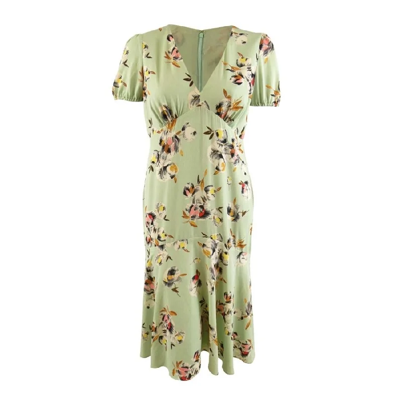 ladies-floral-dress-peony-print-Lauren Ralph Lauren Women's Floral Crepe Puff-Sleeve Dress (16, Sage/Pink Multi)