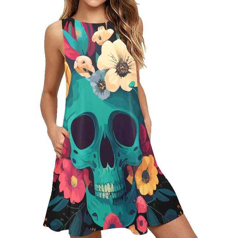 ladies-floral-dress-padded-shoulder-Women's Blue Skull Floral Sleeveless A-Line Pocket Dress