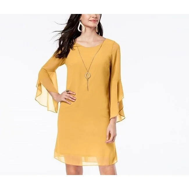 ladies-trumpet-dress-bold-color-Thalia Sodi Women's Flared-Sleeve Necklace Dress Dark Yellow Size Large