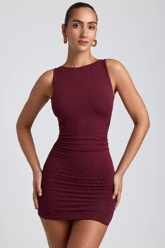 ladies-mini-dress-timeless-piece-Modal High-Neck Open-Back Mini Dress in Plum