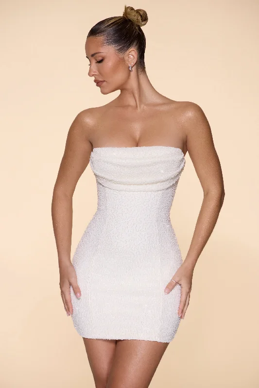 ladies-mini-dress-sophisticated-Embellished Strapless Cowl Neck Mini Dress in Ivory