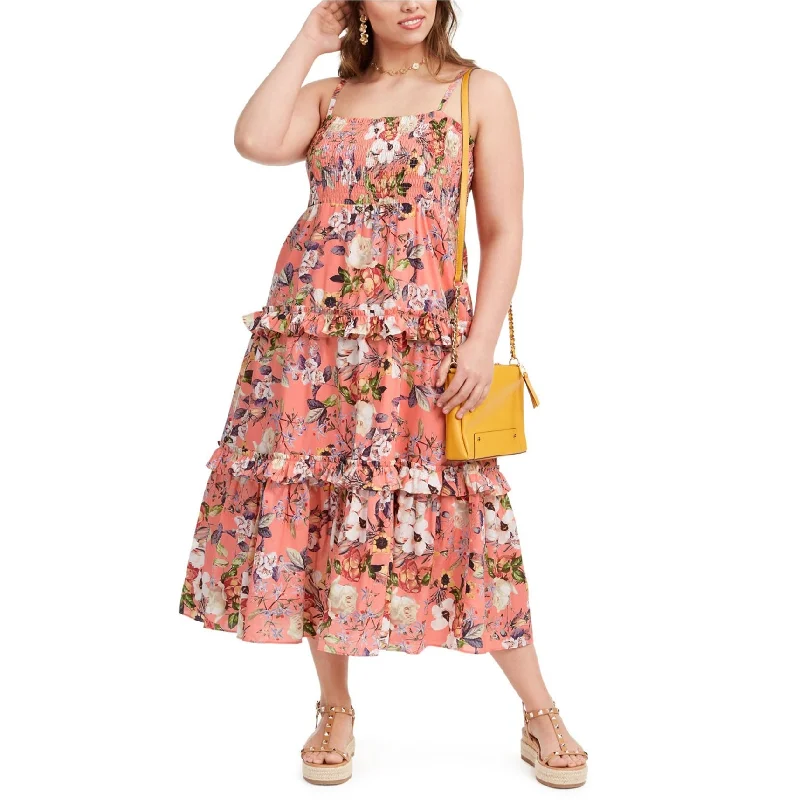 ladies-floral-dress-low-cut-I-N-C Womens Sleeveless Floral Smocked Maxi Dress