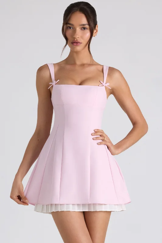 ladies-mini-dress-matte-look-Bow-Detail Pleated A-Line Mini Dress in Soft Pink