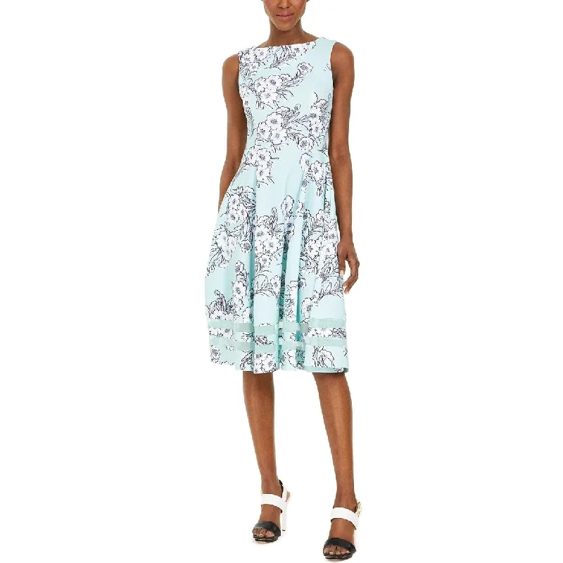 ladies-trumpet-dress-luxury-feel-Calvin Klein Women's Floral-Print Midi Fit & Flare Dress Blue Size 16