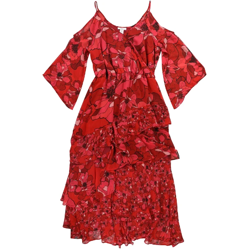 ladies-floral-dress-bold-blooms-bar III Womens Floral Print Cold Shoulder Tiered Dress, Red, X-Large