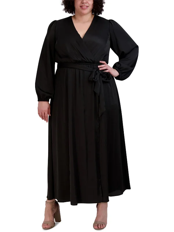 Plus Womens Full Length Surplice Fit & Flare Dress