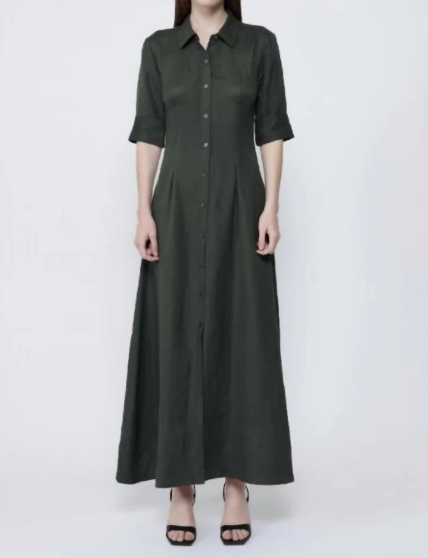 ladies-midi-dress-autumn-look-Claudine Short Sleeve Shirt Midi Dress In Army