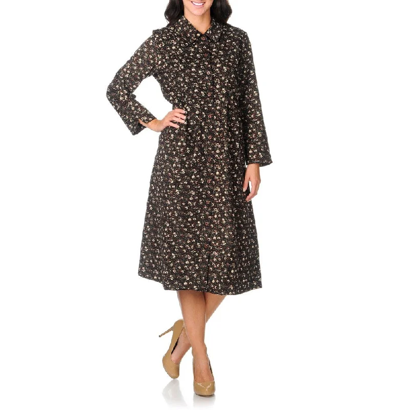 ladies-floral-dress-prom-night-La Cera Women's Brown Floral Print Corduroy Dress