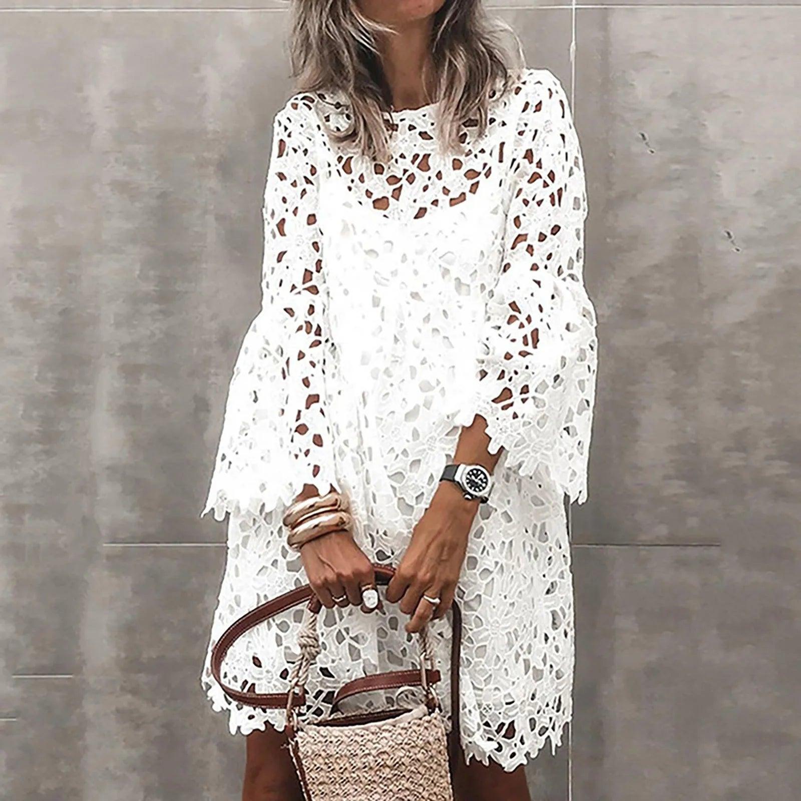 ladies-floral-dress-social-media-Retro Boho Floral Lace White Dresses Woman 2pcs Ethnic Style Hollow Cover Ups Beach Dress And Crop Tops Bather Bathing Suit