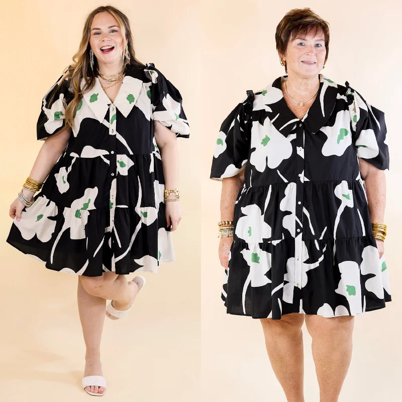 ladies-floral-dress-lightweight-Dreamy Delight Green and White Floral Print Button Down Dress with Puff Sleeves in Black