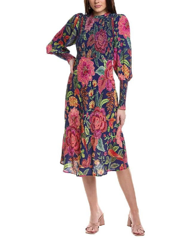 ladies-midi-dress-holiday-party-FARM Rio Macaw Bloom Smocking Midi Dress