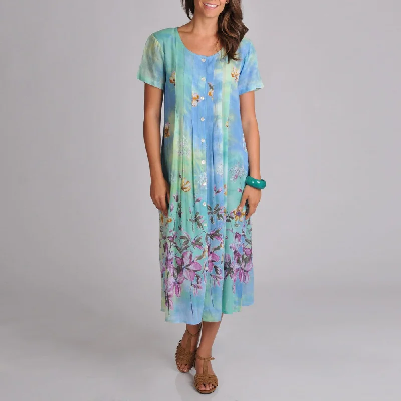 ladies-floral-dress-office-chic-La Cera Women's Floral Pleat Button Front Dress - Blue