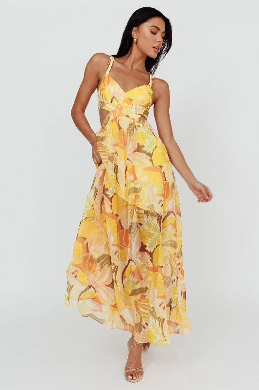 ladies-maxi-dress-wine-red-Maura Lace-Up Back Maxi Dress Floral Yellow