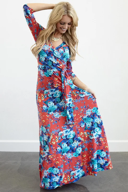 ladies-floral-dress-silver-accents-Red Floral Draped 3/4 Sleeve Maxi Dress