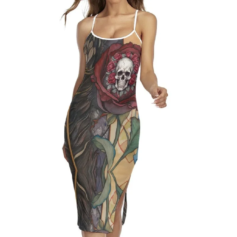 ladies-floral-dress-color-block-Women's Gothic Floral Skull Back Cross Cami Maxi Dress