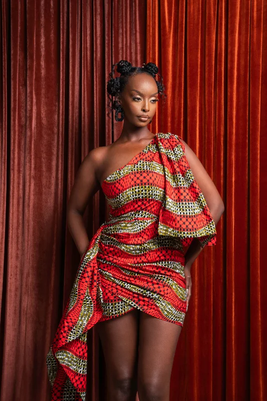 ladies-mini-dress-youthful-vibe-DIDI African Print One Sleeve Drape Mini Dress