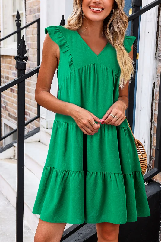 ladies-mini-dress-vacation-wear-Bright Green V Neck Ruffle Tiered Mini Dress