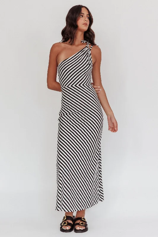 ladies-maxi-dress-sweetheart-neck-Ocean Road Tied One-Shoulder Maxi Dress Stripe Black