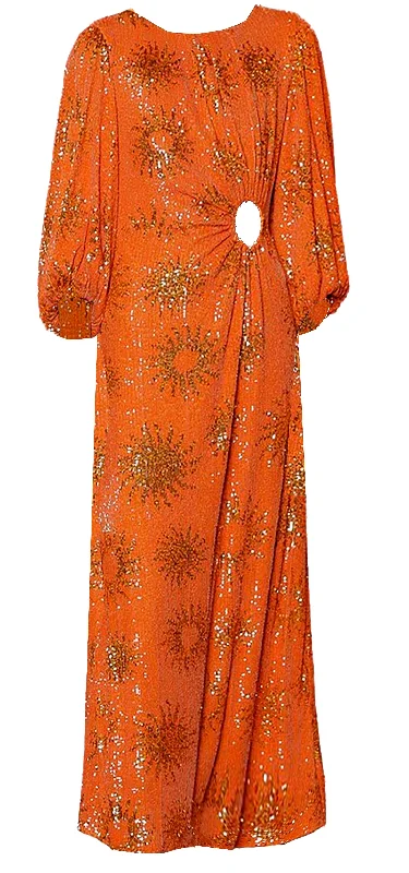 ladies-midi-dress-holiday-party-Farm Rio Women Sunny Mood Orange Sequin Long Sleeve Cut Out Midi Dress