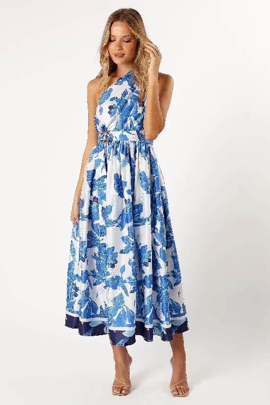 ladies-midi-dress-belted-waist-Naomi One Shoulder Midi Dress - Blue Floral