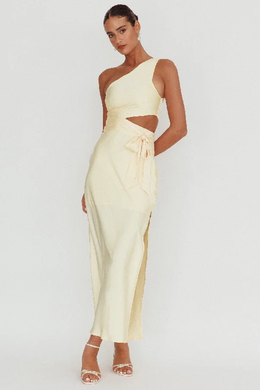 ladies-maxi-dress-sepia-tone-Abloom One Shoulder Satin Maxi Dress Butter