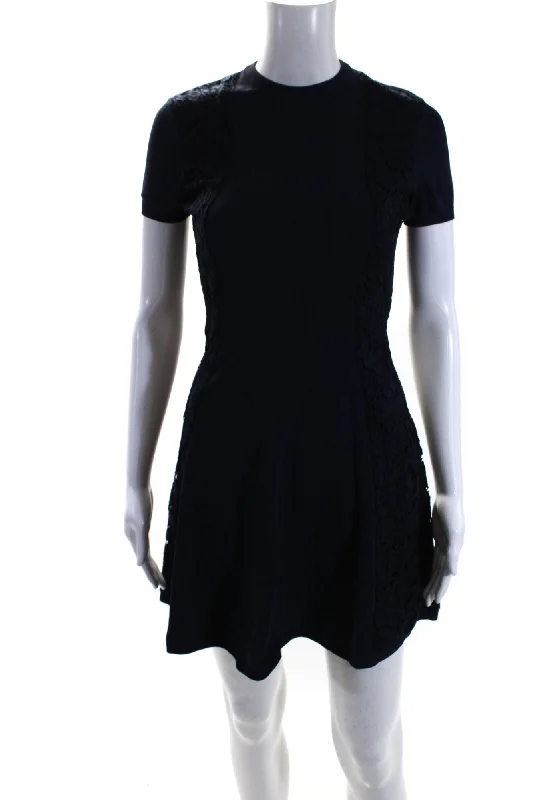 ladies-trumpet-dress-romantic-vibe-Valentino Womens Navy Blue Lace Trim Short Sleeve Fit & Flare Dress