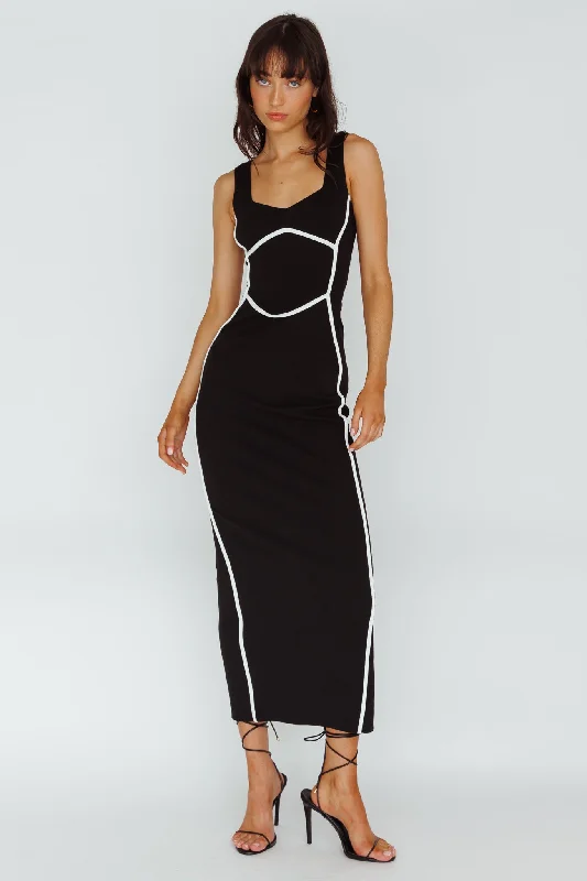 ladies-maxi-dress-bodycon-fit-Shenae Piping Trim Maxi Dress Black