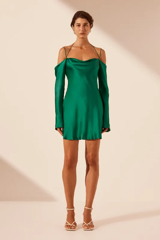 ladies-mini-dress-tulle-accent-ELLE SILK OFF THE SHOULDER TIE MINI DRESS - EMERALD GREEN