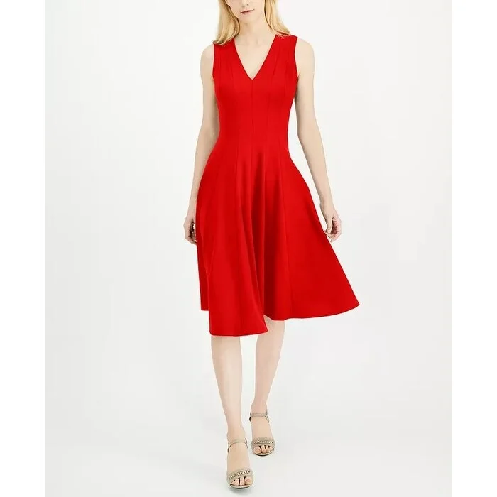 ladies-trumpet-dress-designer-brand-Calvin Klein Women's Fit & Flare Midi Dress Red Size 6