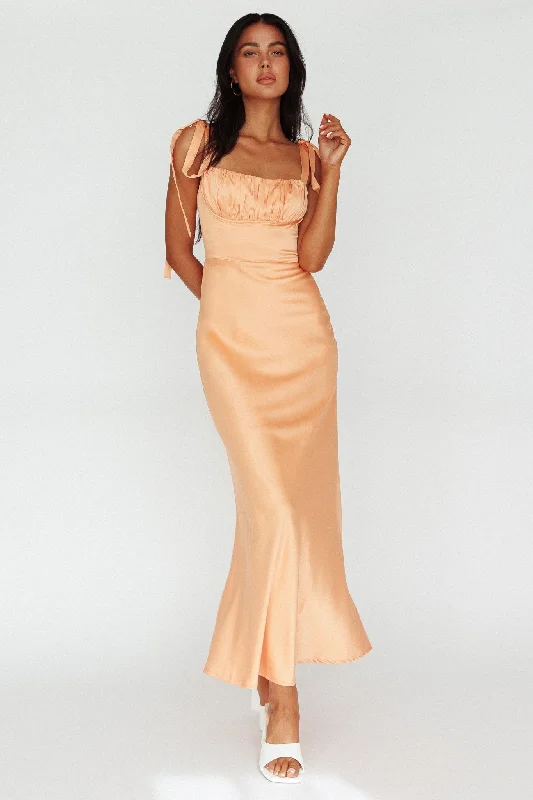 ladies-maxi-dress-solid-color-Pennelope Tied Shoulder Maxi Dress Orange