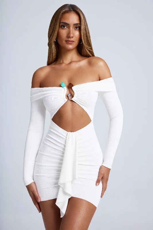 ladies-mini-dress-work-to-play-Hardware Detail Off-Shoulder Cut-Out Mini Dress in White