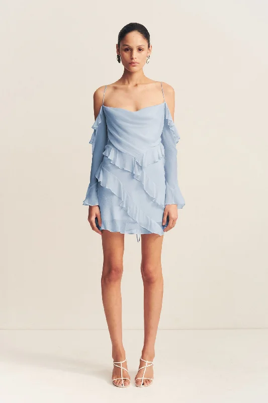 ladies-mini-dress-embroidery-LAYLA LONG SLEEVE RUFFLE MINI DRESS - SKY