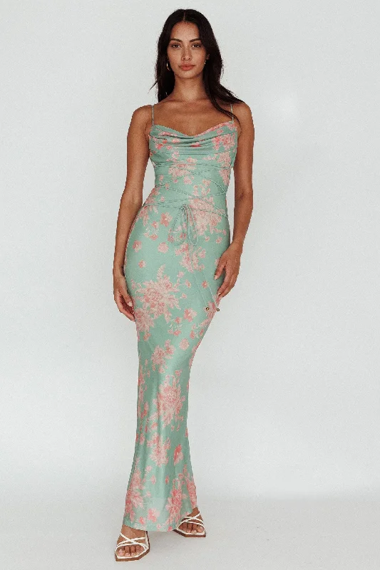 ladies-maxi-dress-turquoise-bright-Teava Laced Waist Maxi Dress Floral Green