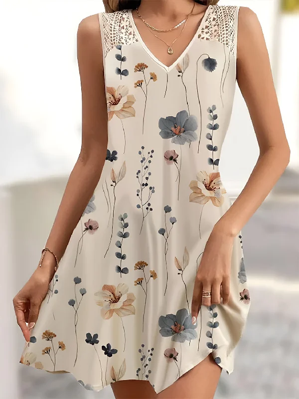 ladies-mini-dress-backless-design-Printed V-Neck Sleeveless Mini Dress