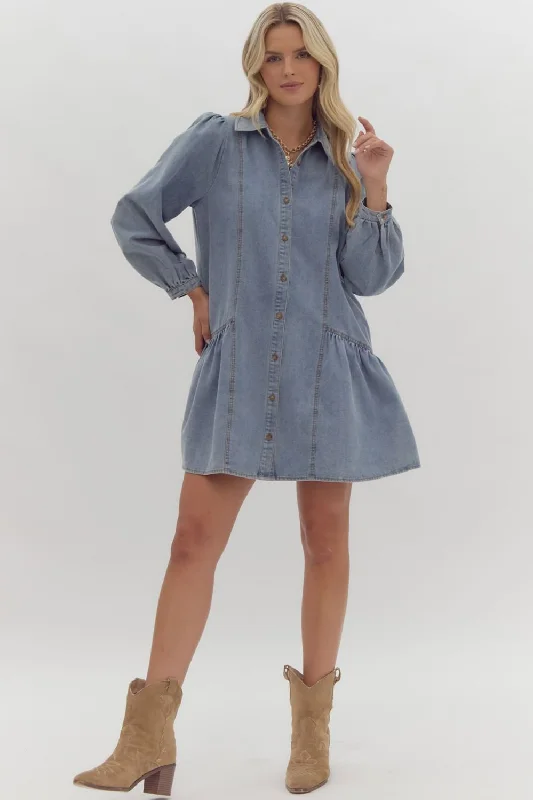 ladies-mini-dress-petite-length-Denim Long Sleeve Mini Ruffled Dress