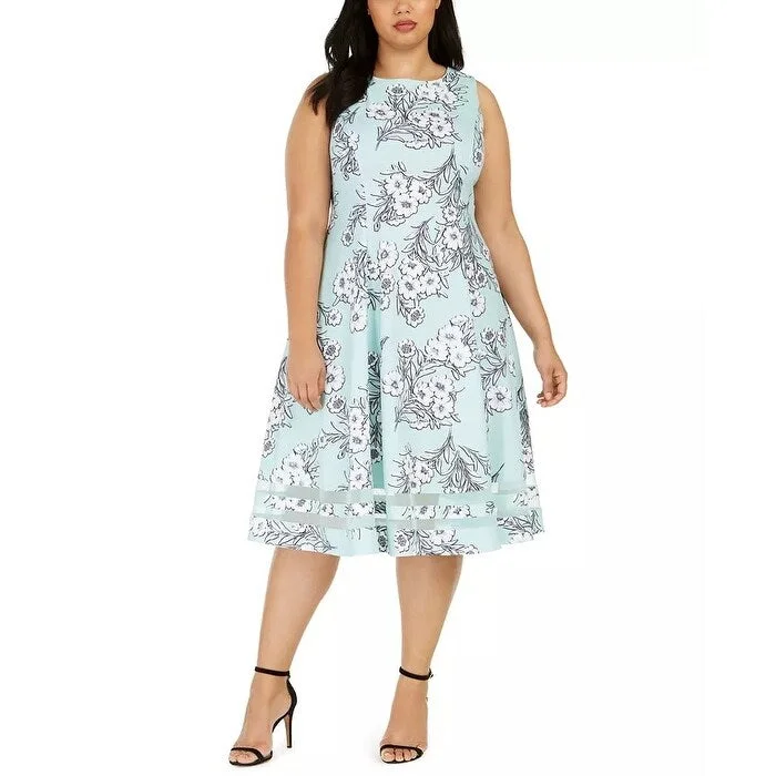 ladies-trumpet-dress-soft-pastel-Calvin Klein Women's Plus Size Floral Fit & Flare Midi Dress Blue Size 20W